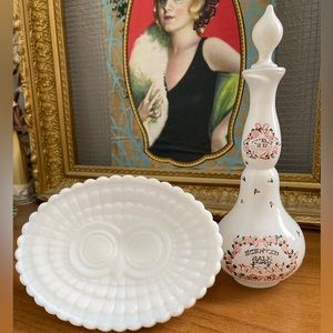 Vintage White Glass Soap Dish & Bottle